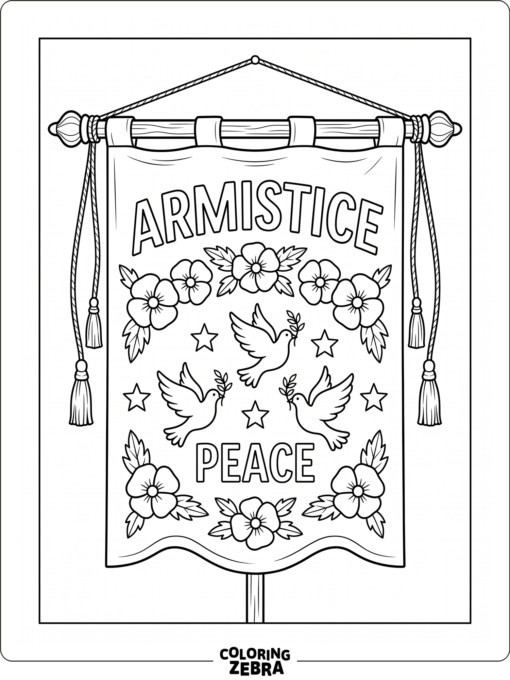 An armistice banner with poppies and doves