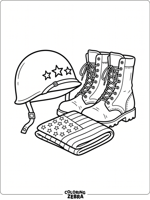 An Army helmet with boots and a folded flag