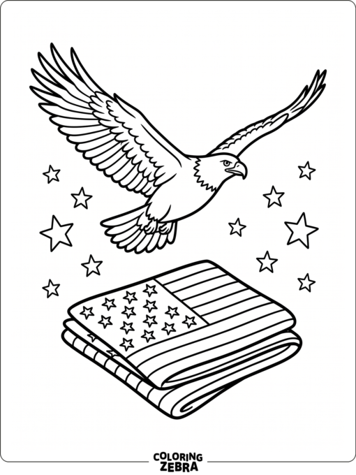Bald eagle flying over a folded flag