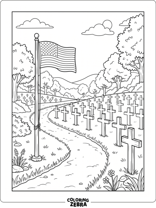 Rows of graves with a flag in a quiet cemetery