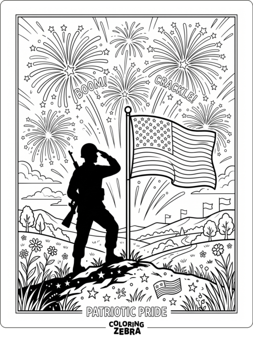 A patriotic Veterans Day scene with a soldier silhouette and flag