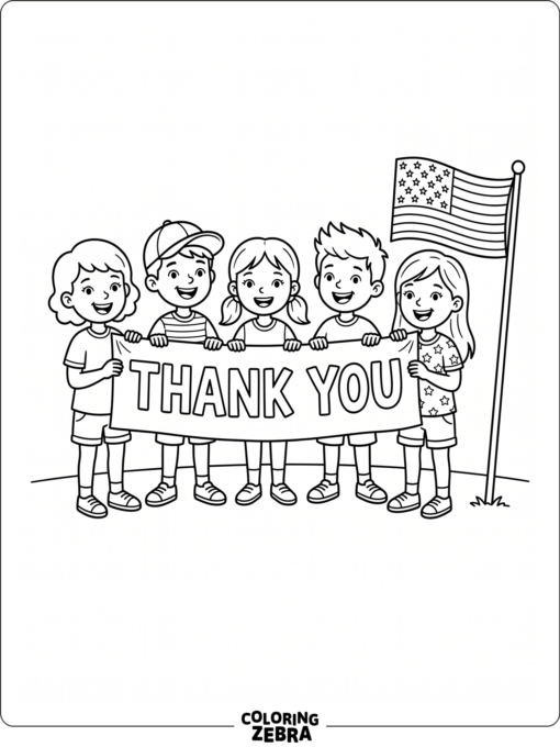 Kids holding a thank you banner with a flag