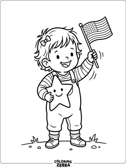 A toddler holding a star and waving a tiny flag
