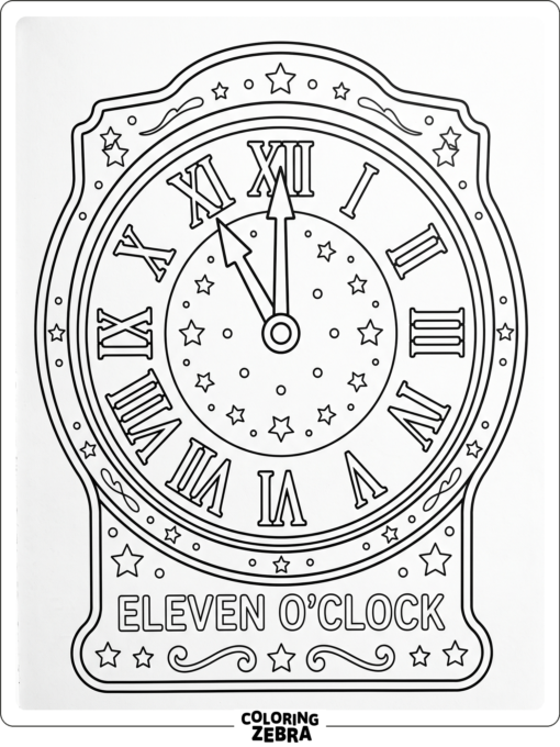 A clock face showing eleven o'clock with stars