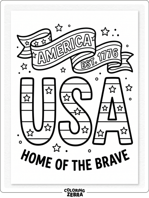 Bold letters with flag stripes and a ribbon