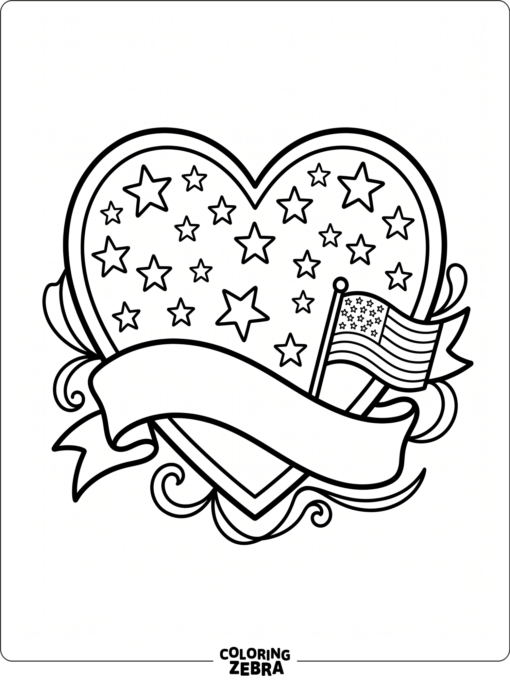 A heart filled with stars, ribbon, and a small flag