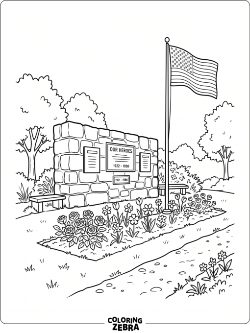 A memorial wall with flowers and a flag