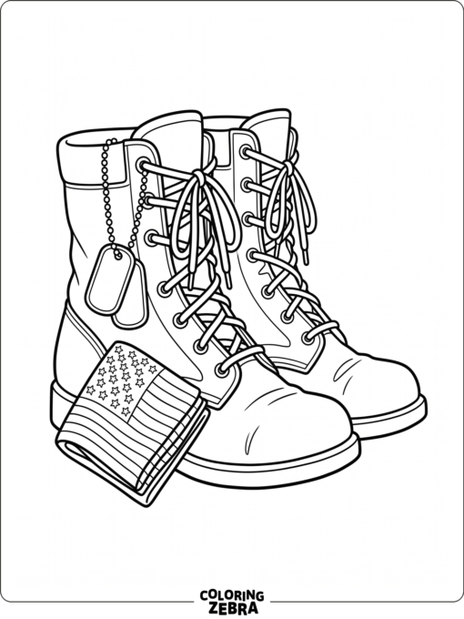 Military boots with dog tags and a folded flag