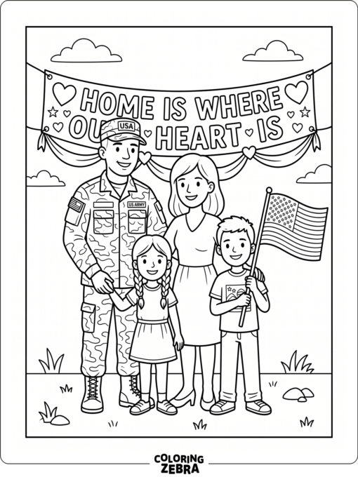 A military family standing together with a flag