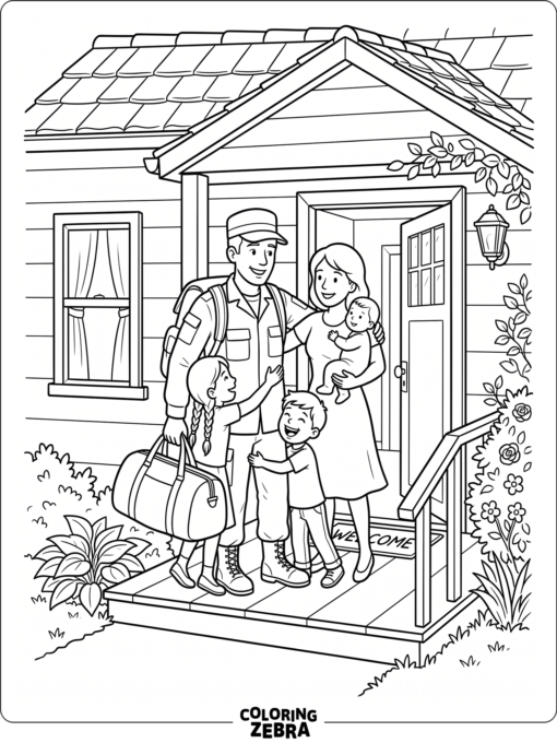 A soldier coming home to family at the door