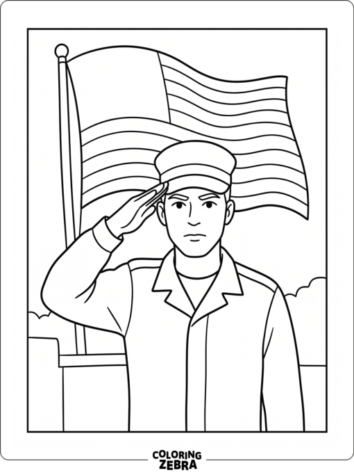 A soldier saluting in front of a large flag