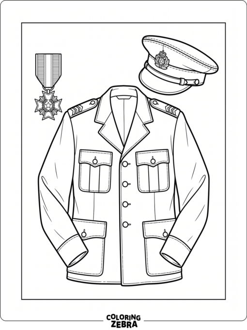A military uniform jacket, cap, and medal laid out neatly