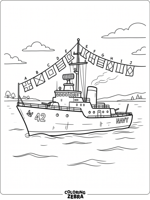 A navy ship sailing on calm water