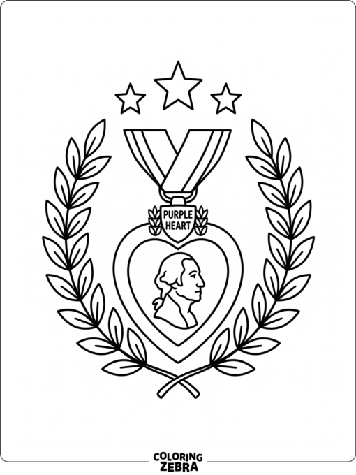 A Purple Heart medal with stars and laurel leaves