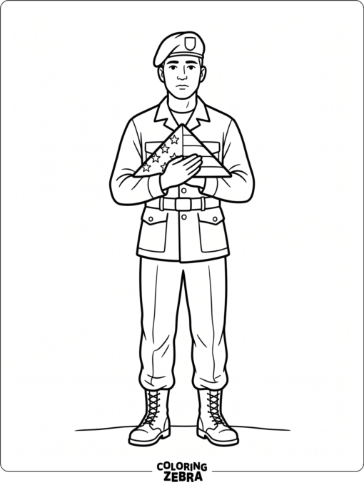 A uniformed soldier holding a folded flag
