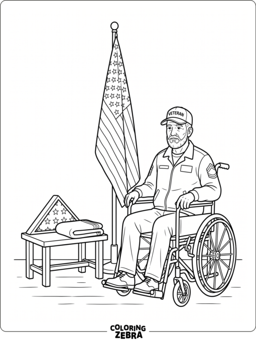 A veteran in a wheelchair beside a flag