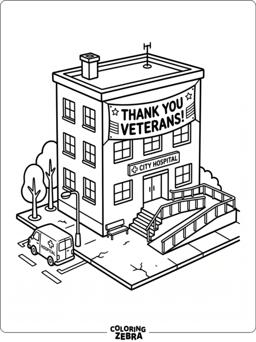 A veterans hospital with a banner and ramp