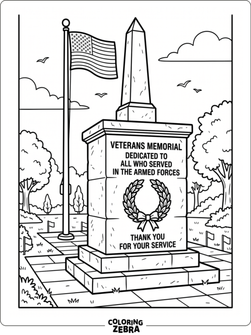 A veterans monument with a wreath and flagpole