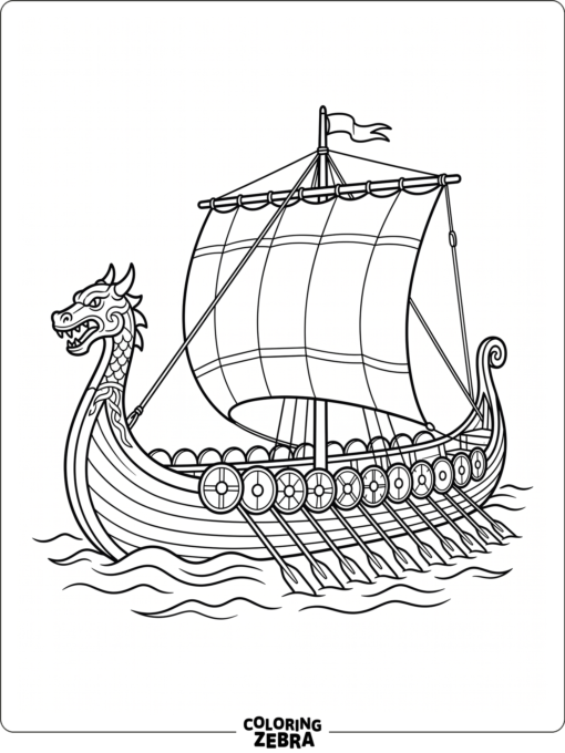 A Viking ship with shields and a dragon prow