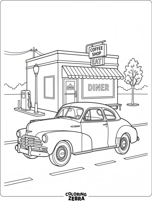 A vintage Chevrolet coupe outside a diner