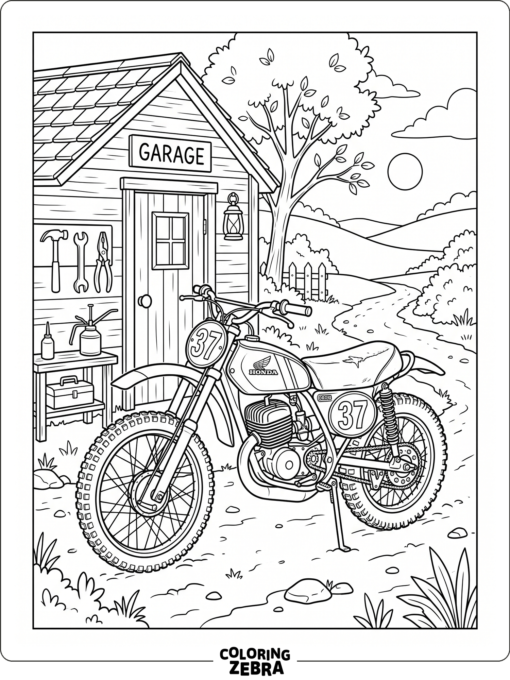A vintage dirt bike parked by a garage