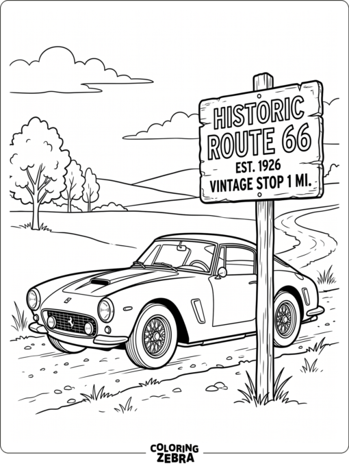 A vintage Ferrari parked by a roadside sign