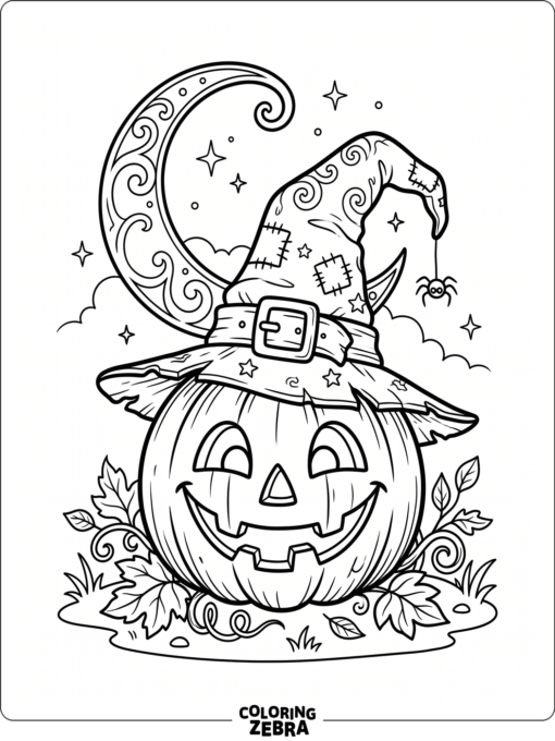 Vintage witch hat, pumpkin, and crescent moon