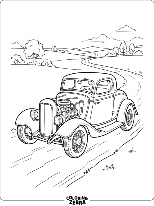 Vintage hot rod with curved fenders on a road
