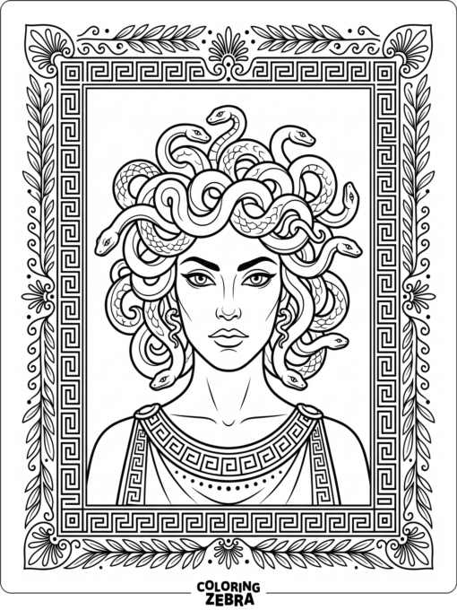 A vintage Medusa portrait with Greek patterns
