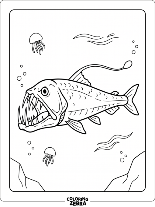 A viper fish with long teeth in dark ocean water