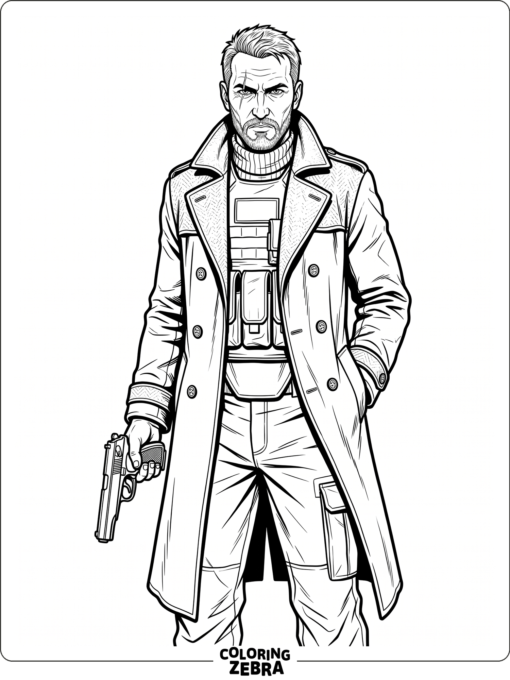 Vladimir Makarov holding a pistol in a long coat