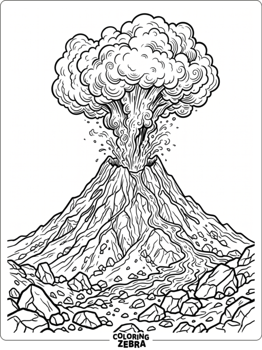 A volcano erupting with ash and lava rocks