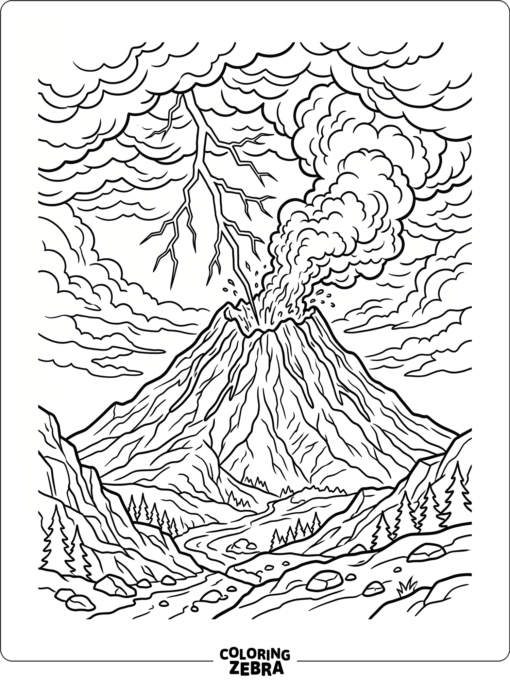 A volcano with lightning flashing beside it