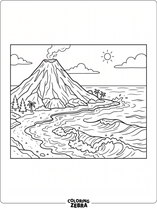 A volcano rising beside the ocean
