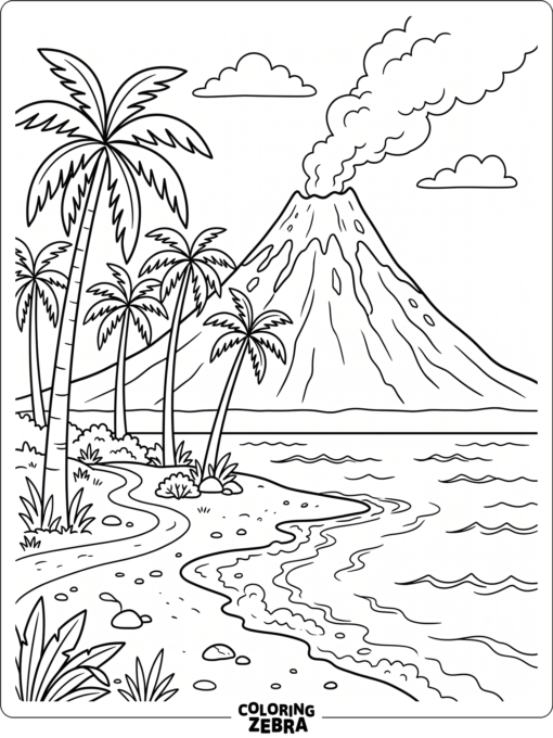 A volcano with palm trees near the shore