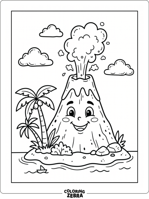 A friendly volcano with a palm tree and clouds