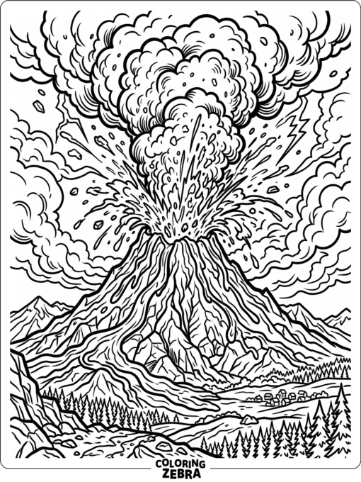 An erupting volcano with lava bursts and smoke