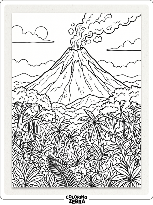 A volcano above thick jungle plants