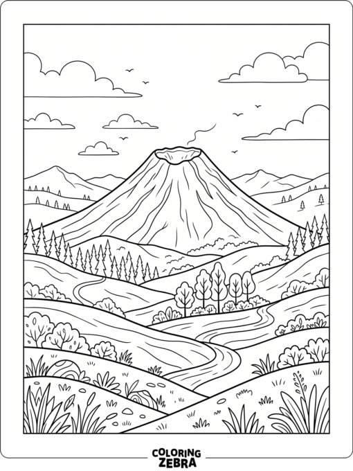 A wide volcanic landscape with hills and trees