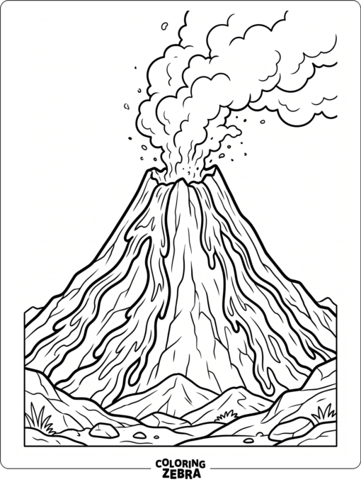 A volcano with lava flowing down both sides