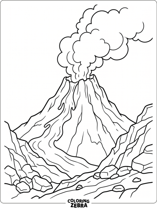 Escena científica sencilla de un volcán con lava, humo y rocas