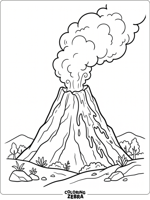 A volcano cone with lava pouring from the top