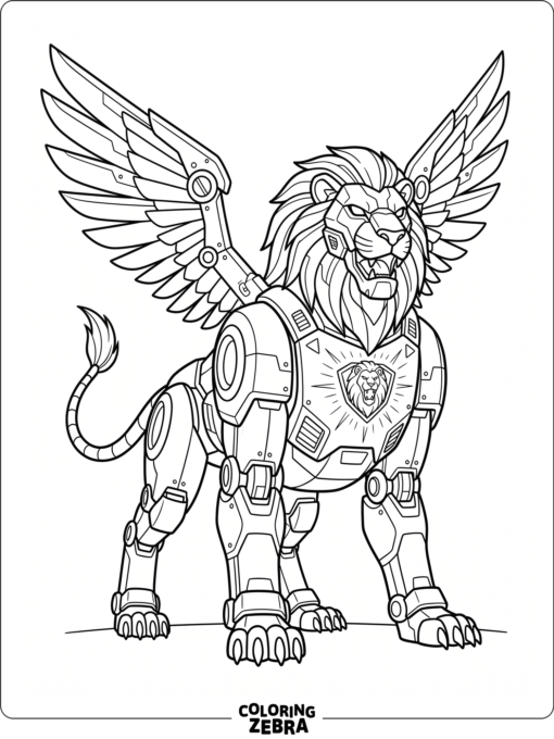 A futuristic lion robot with wings and an emblem