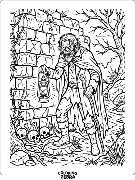 A vurdalak holding a lantern near an old wall