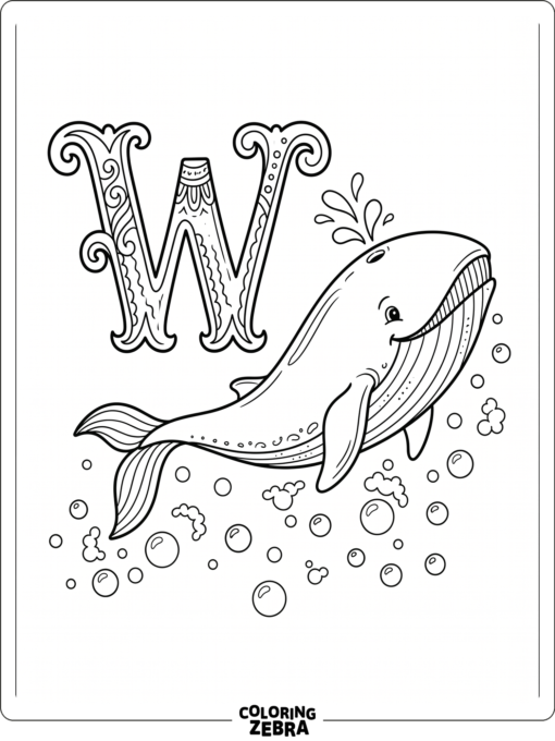 The letter W with a whale and bubbles