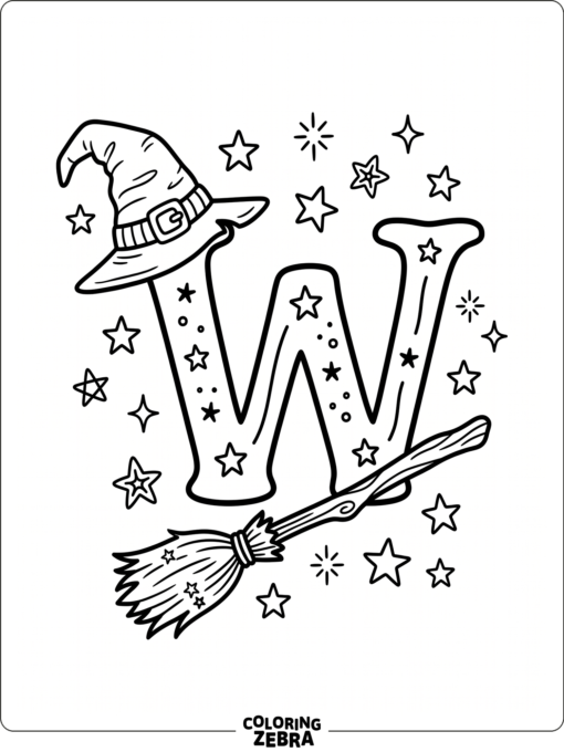 The letter W with a witch hat and broom