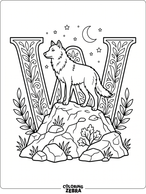 The letter W with a wolf on a hill