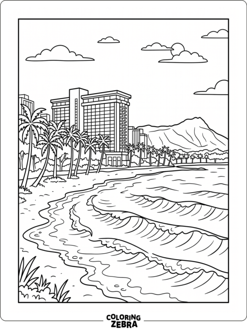Waikiki Beach with palm trees, waves, and a hotel outline