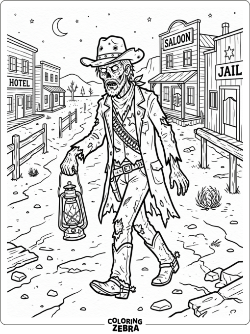 A grim zombie sheriff in a dusty street
