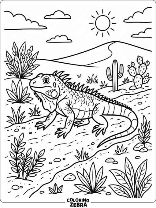 An iguana walking across a sandy path with small plants